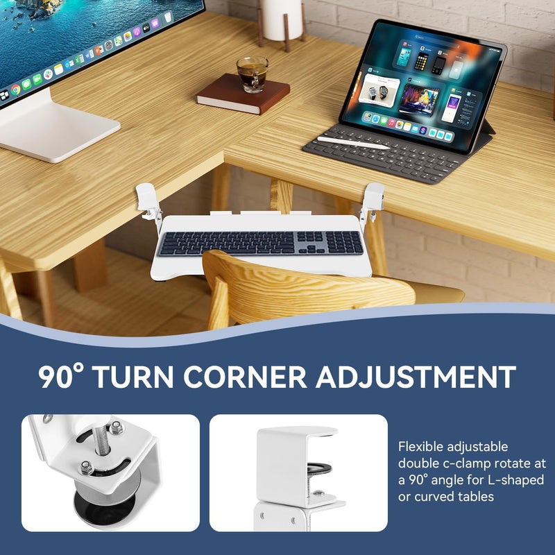 VUSIGN Keyboard Tray Under Desk Height Adjustable,Pull Out with Adjustable C Clamp Mount System for L-Shaped Tables, Extra Sturdy, 26.4” x 11.8” Slide-Out Platform Computer Drawer for Typing,White - Image 4
